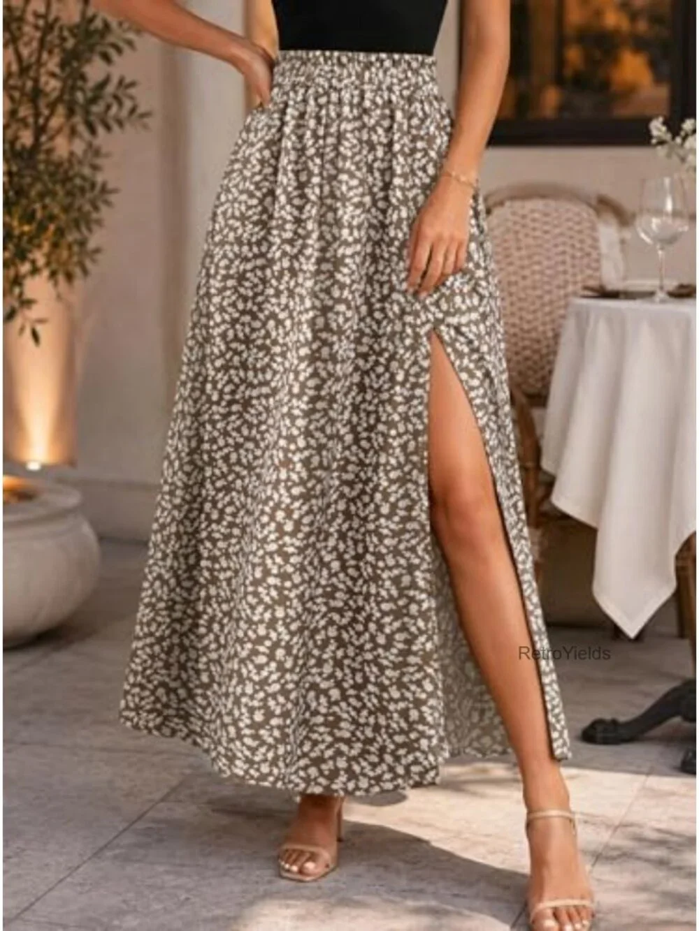 Women Boho Floral Slit Maxi Skirt High Waisted Long Skirt